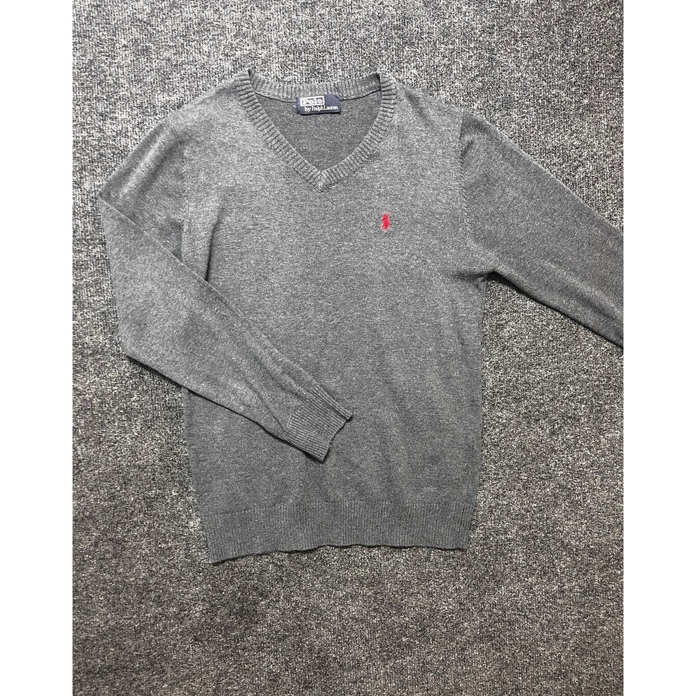 Polo Ralph Lauren Sweater Mens Medium Gray V Neck Cotton Pullover Classic Pony